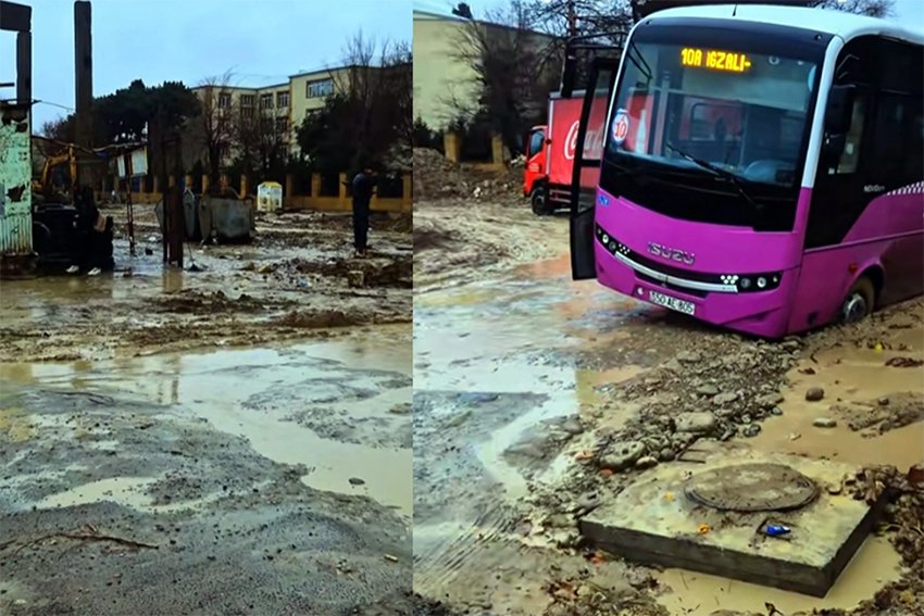 Sumqayıtda məktəbin qarşısında ACINACAQLI VƏZİYYƏT: Yol keçilməz olub